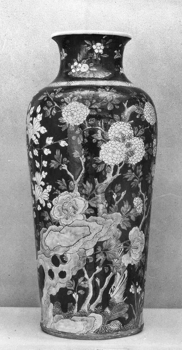 Vase with flower and rock, Porcelain painted in polychrome enamels over black ground (Jingdezhen ware, famille noire), China 