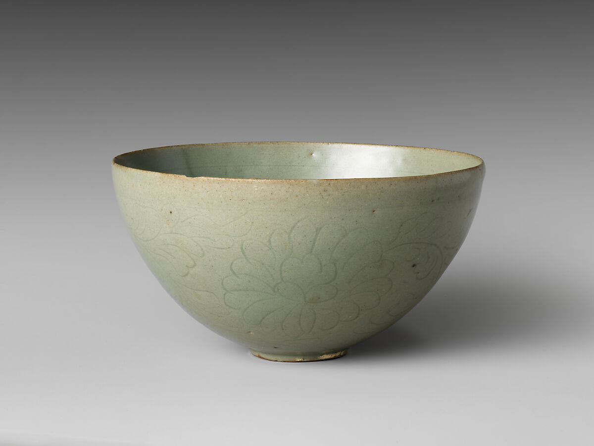 Bowl with flowers, waves, and a cloud, Stoneware with incised design under celadon glaze, Korea