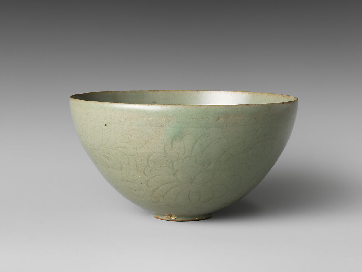 Bowl with flowers, waves, and a cloud, Stoneware with incised design under celadon glaze, Korea