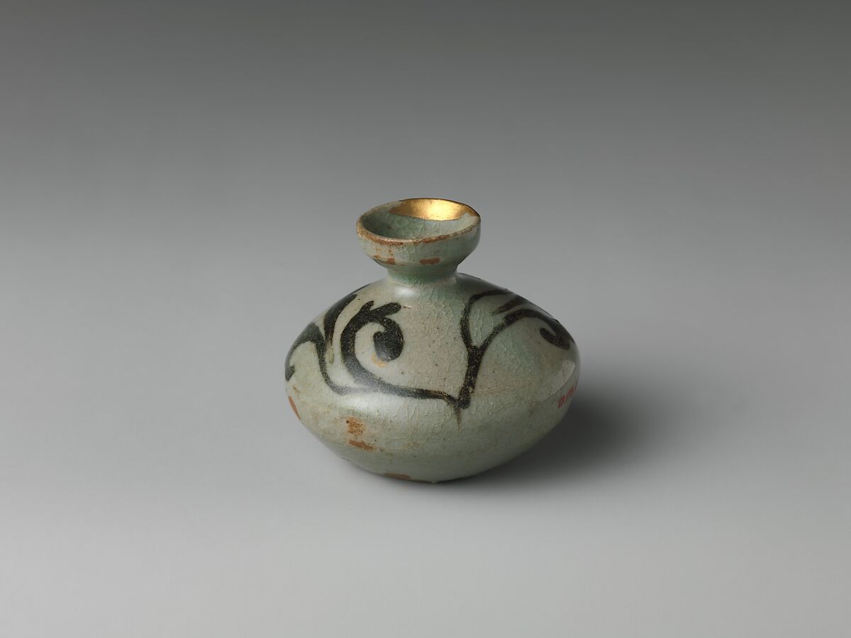 Oil Bottle, Stoneware with iron-brown decoration of leaves under celadon glaze, Korea 