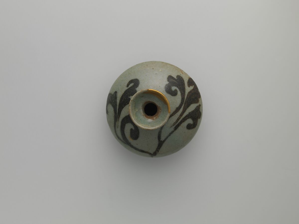 Oil Bottle, Stoneware with iron-brown decoration of leaves under celadon glaze, Korea