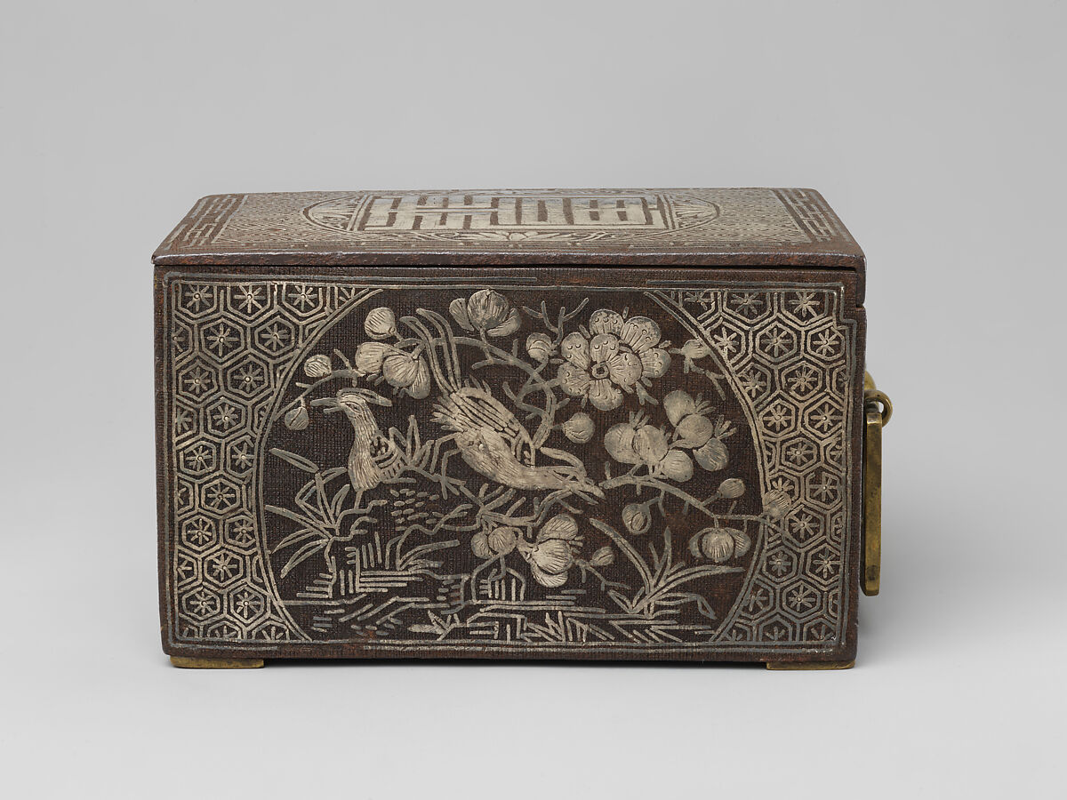 Tobacco box, Iron inlaid with silver; brass fittings, Korea
