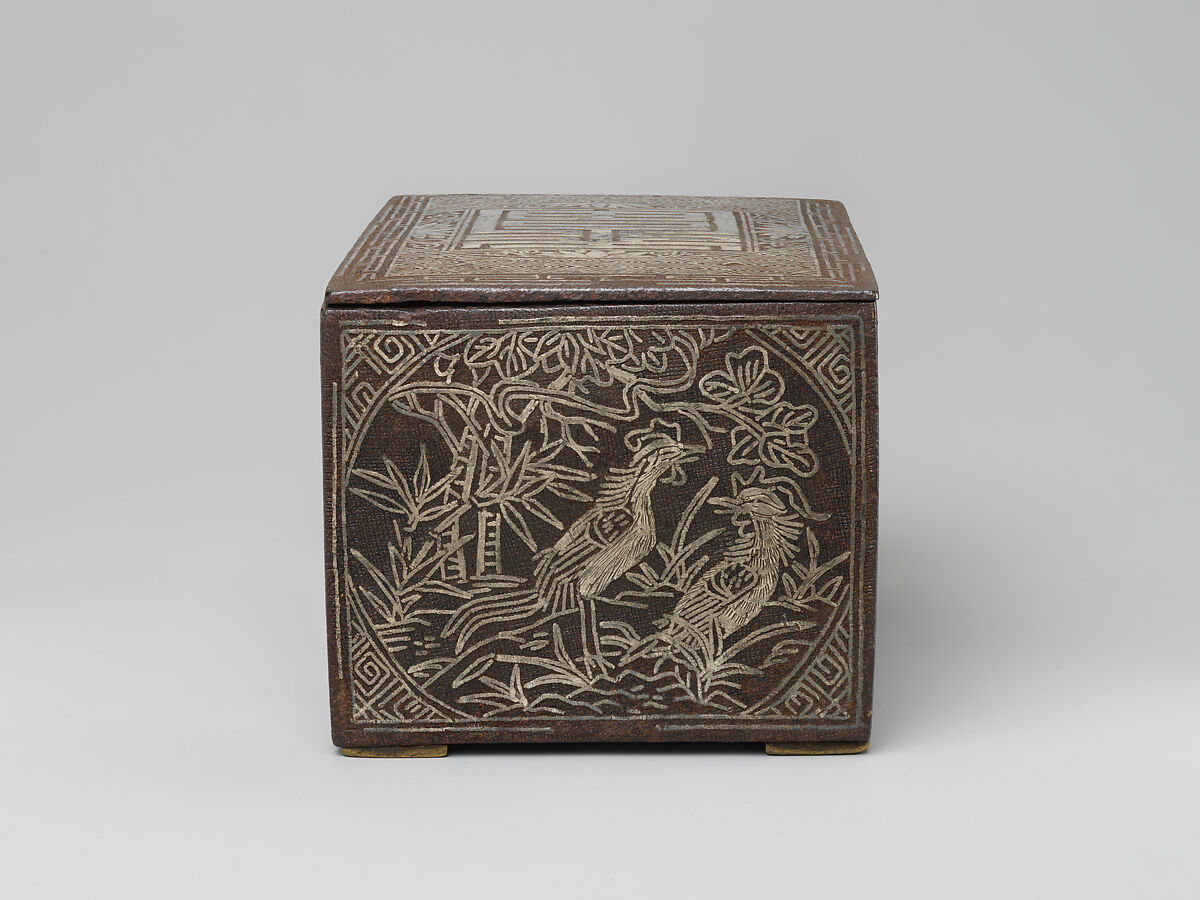 Tobacco box, Iron inlaid with silver; brass fittings, Korea