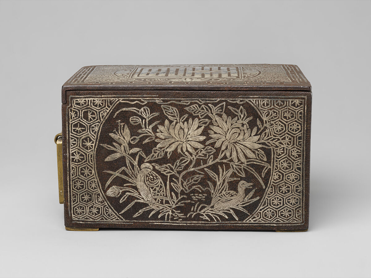 Tobacco box, Iron inlaid with silver; brass fittings, Korea