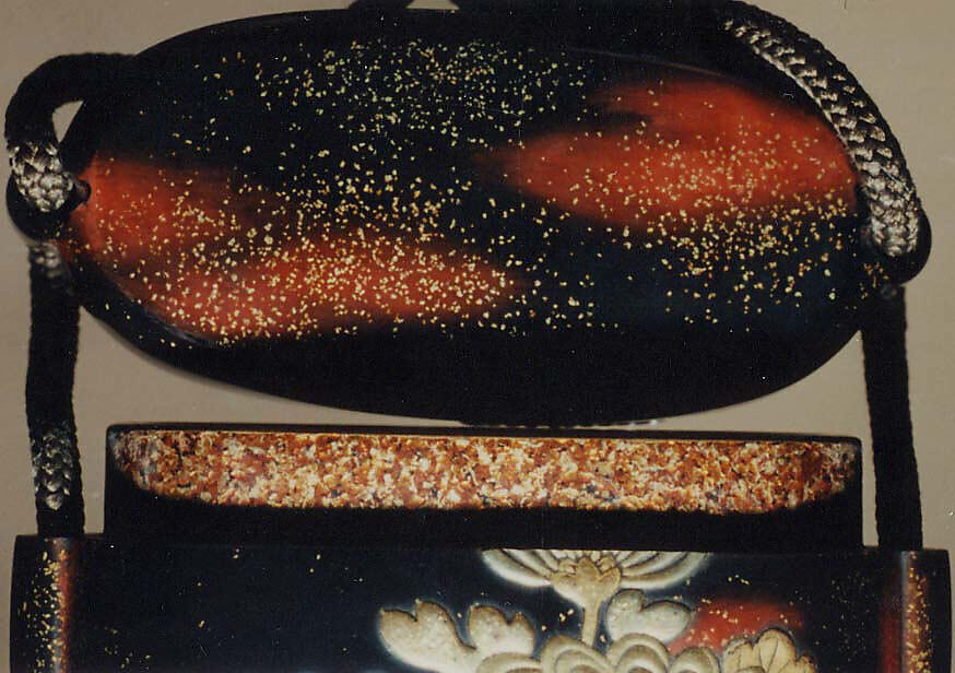 Case (Inrō) with Design of Leafy Grapevines (obverse); Chrysanthemum Spray (reverse), Case: lacquer with gold and silver takamaki-e; Fastener (ojime): gold bead carved and pierced with flowers; Toggle (netsuke): ivory carved and pierced with flowers and clouds, the figure of a courtier applied in gold, Japan