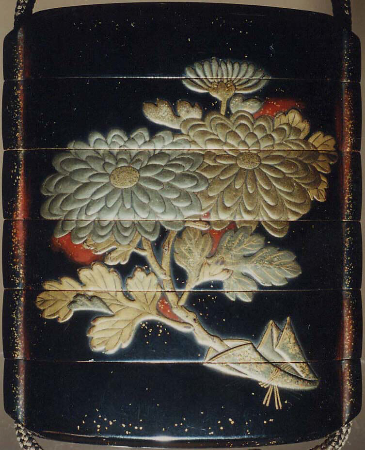 Case (Inrō) with Design of Leafy Grapevines (obverse); Chrysanthemum Spray (reverse), Case: lacquer with gold and silver takamaki-e; Fastener (ojime): gold bead carved and pierced with flowers; Toggle (netsuke): ivory carved and pierced with flowers and clouds, the figure of a courtier applied in gold, Japan