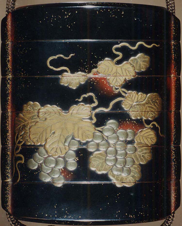 Case (Inrō) with Design of Leafy Grapevines (obverse); Chrysanthemum Spray (reverse), Case: lacquer with gold and silver takamaki-e; Fastener (ojime): gold bead carved and pierced with flowers; Toggle (netsuke): ivory carved and pierced with flowers and clouds, the figure of a courtier applied in gold, Japan