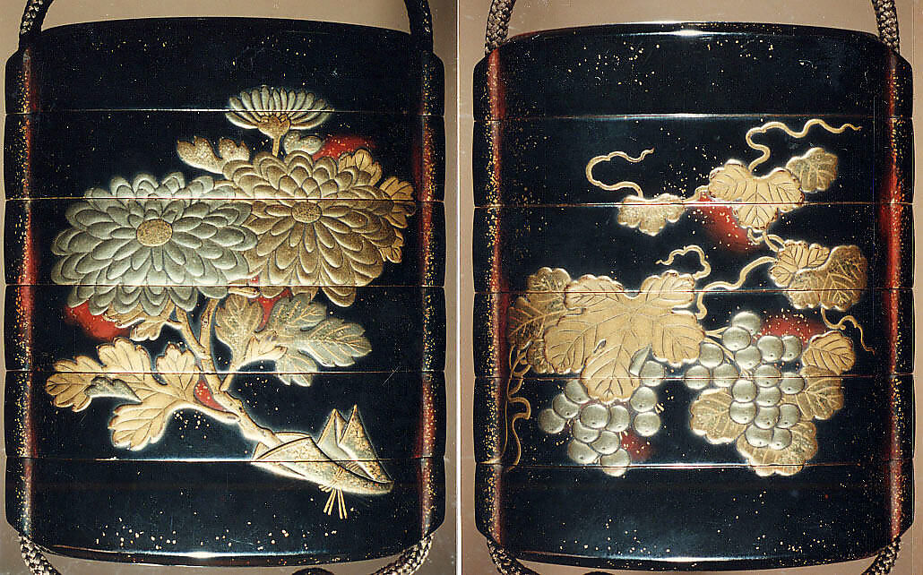 Case (Inrō) with Design of Leafy Grapevines (obverse); Chrysanthemum Spray (reverse), Case: lacquer with gold and silver takamaki-e; Fastener (ojime): gold bead carved and pierced with flowers; Toggle (netsuke): ivory carved and pierced with flowers and clouds, the figure of a courtier applied in gold, Japan 