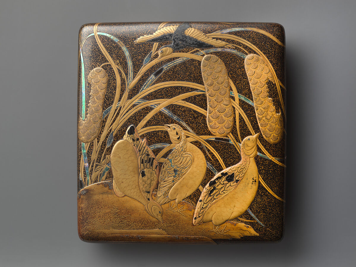 Writing box with decoration of quails and millet, Lacquer, Japan