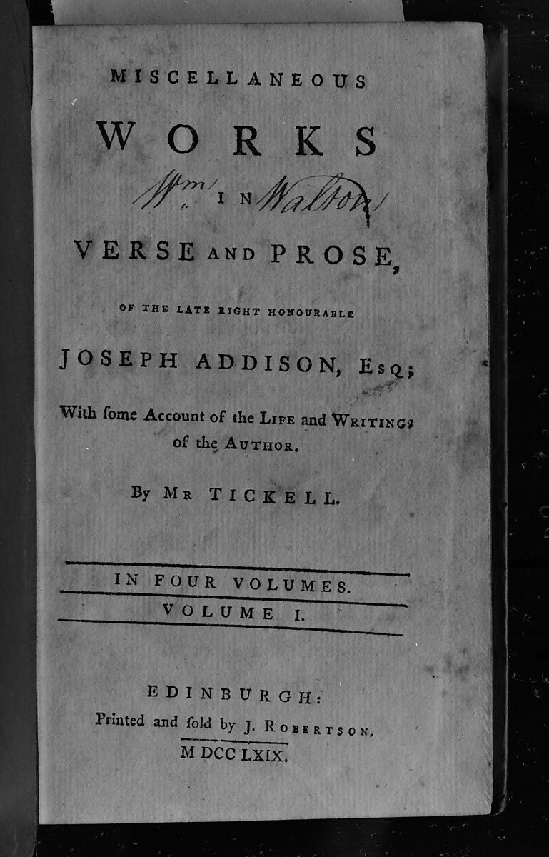 Book: Miscellaneous Works in Verse and Prose (Volume I of four volumes), Authored by Joseph Addison, Esq., Paper, Scottish 