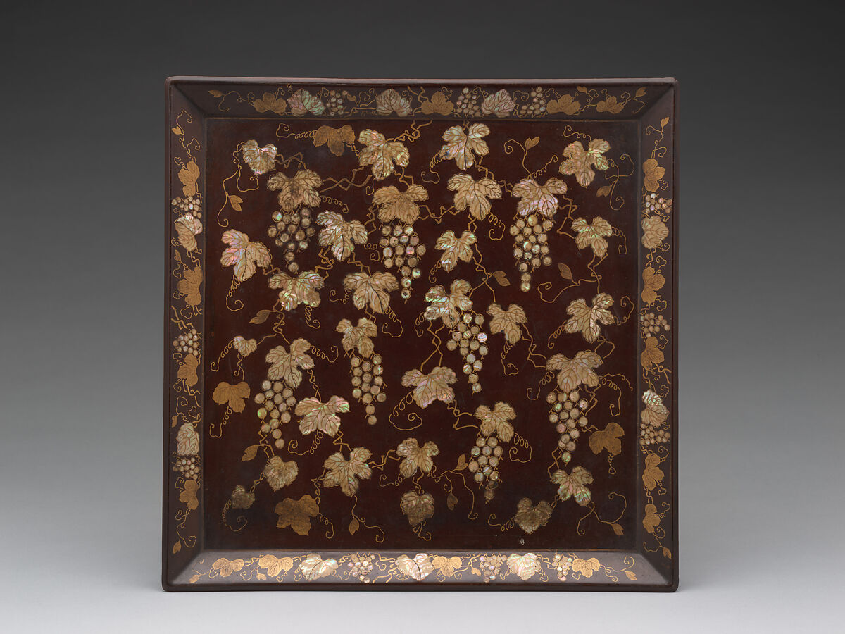 Tray with design of grape leaf, Lacquer with mother-of-pearl inlay, Japan (Ryūkyū Islands) 