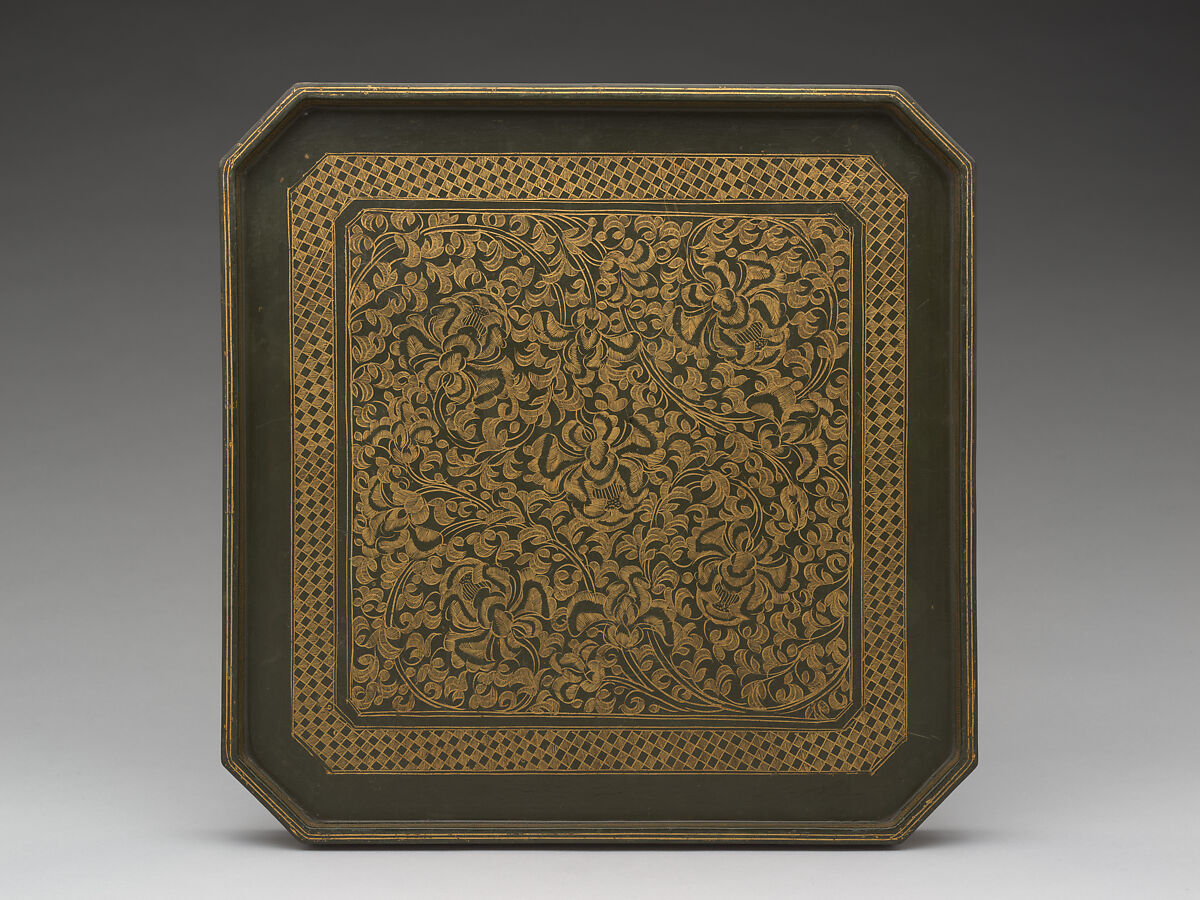 Tray with design of peony scrolls, Green lacquer with gilt engraving, Japan (Ryūkyū Islands) 