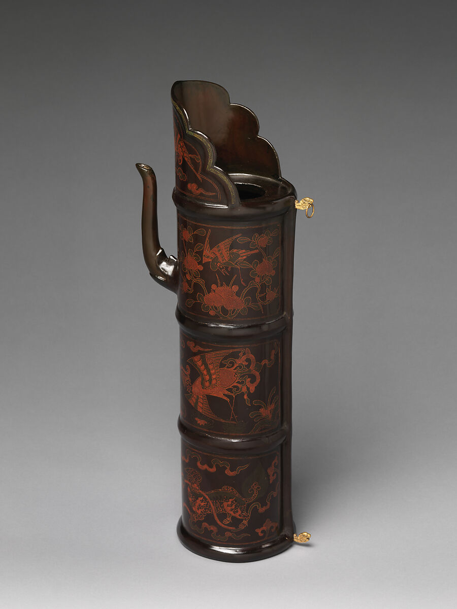 Vessel with mythical creatures, flowers, and birds, Black lacquer painted with red, green, and yellow lacquer, China 
