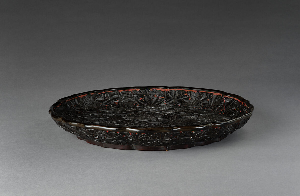 Foliated dish with four birds and flowers, Carved black lacquer, China