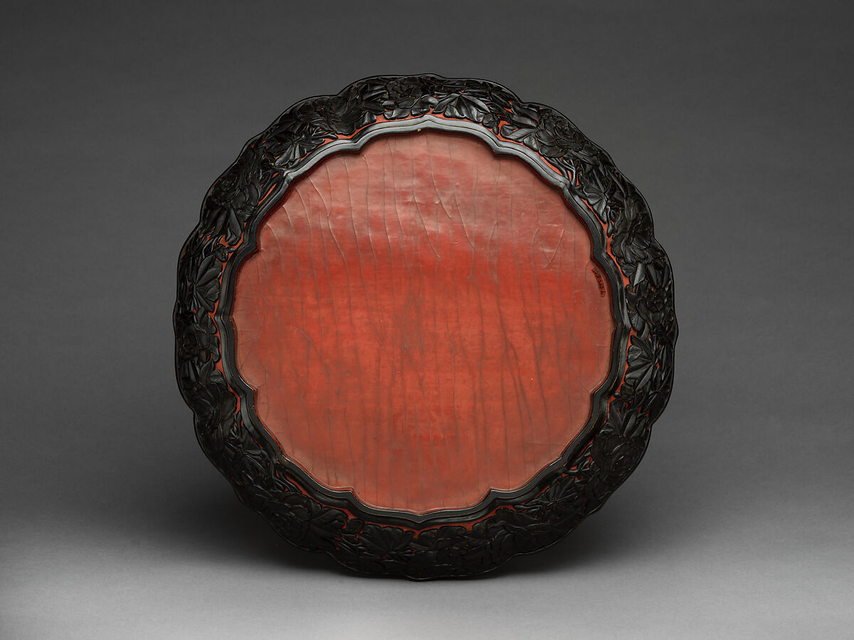 Foliated dish with four birds and flowers, Carved black lacquer, China