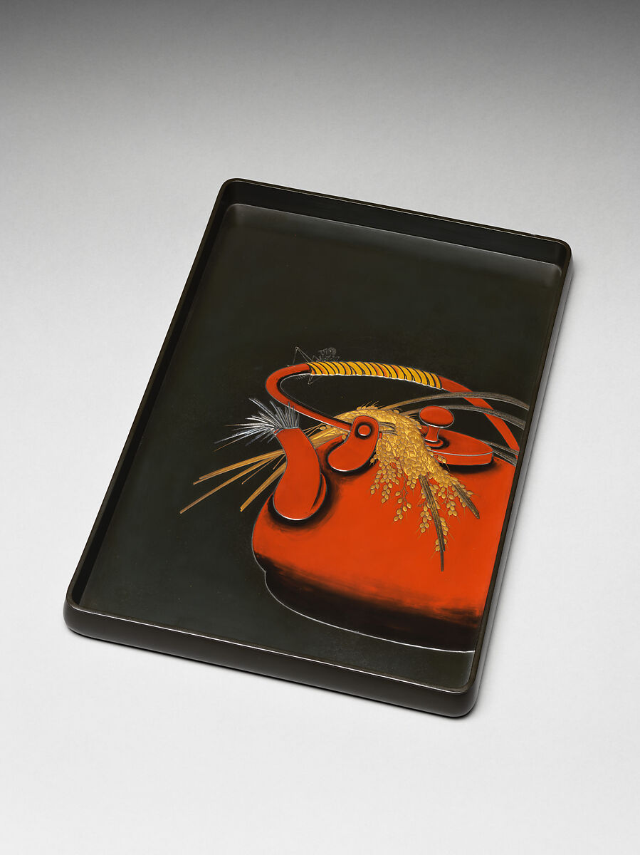 Tray with rice stalks and a grasshopper on a tea kettle, Shibata Zeshin (Japanese, 1807–1891), Lacquered wood; gold, silver, red, yellow, black hiramaki-e and takamaki-e on “bronze imitation” (seido-nuri) ground, Japan