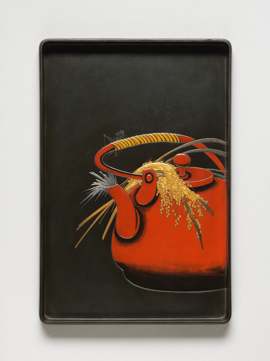 Tray with rice stalks and a grasshopper on a tea kettle, Shibata Zeshin (Japanese, 1807–1891), Lacquered wood; gold, silver, red, yellow, black hiramaki-e and takamaki-e on “bronze imitation” (seido-nuri) ground, Japan