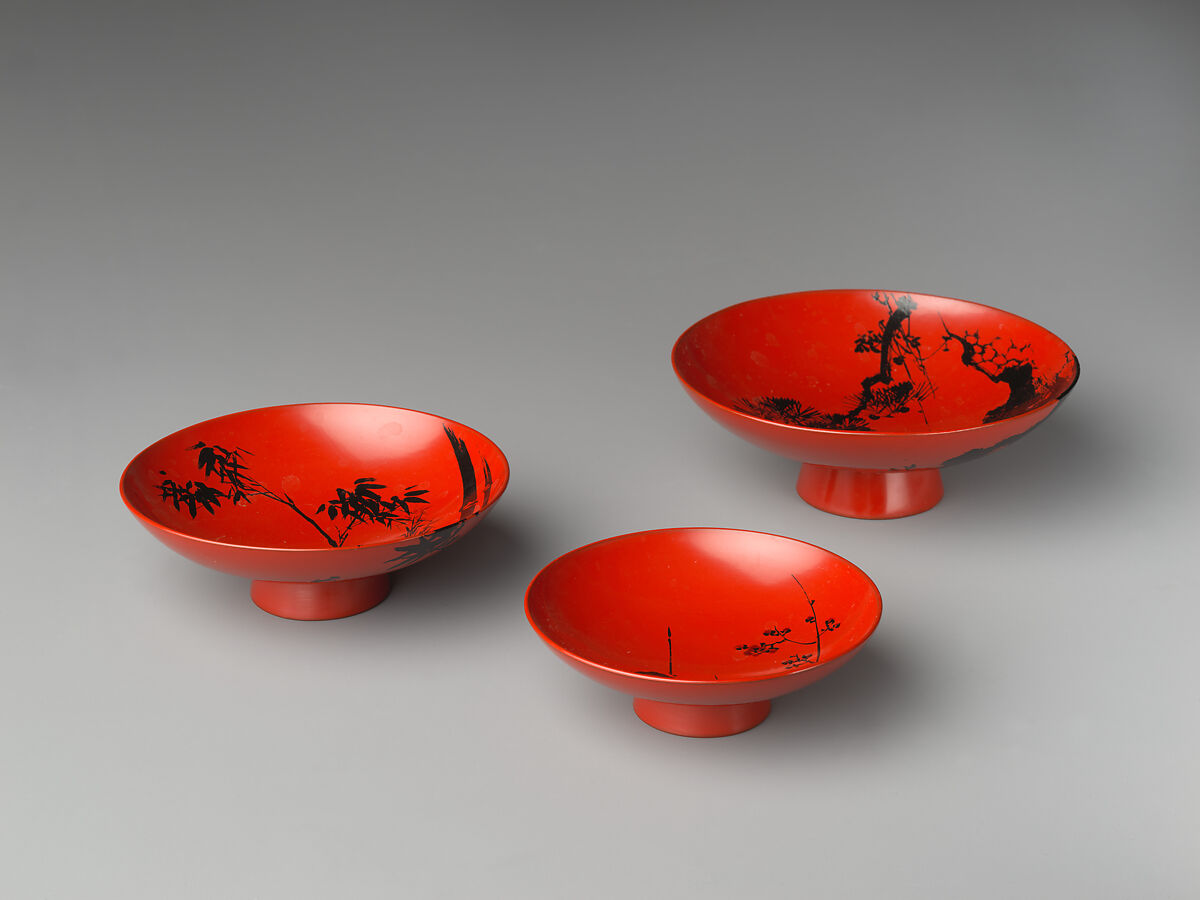 Sake cups with "Three Friends" design, Shibata Zeshin (Japanese, 1807–1891), Red lacquer, Japan 