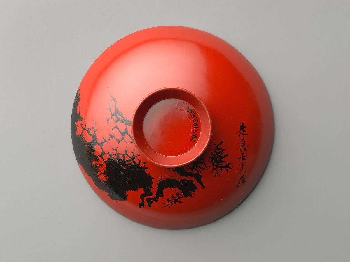 Sake cups with "Three Friends" design, Shibata Zeshin (Japanese, 1807–1891), Red lacquer, Japan