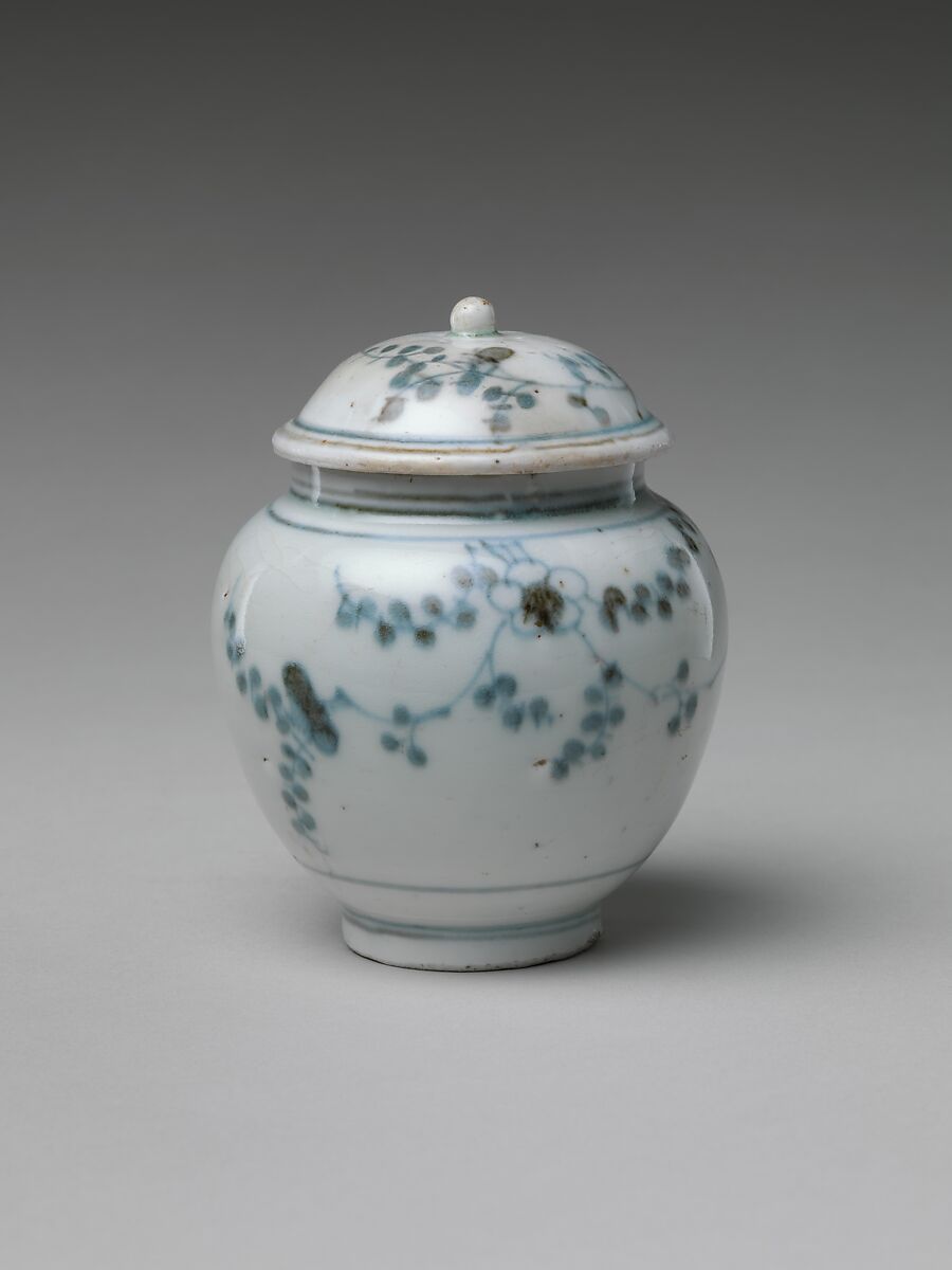 Jar and Lid with Flowering Plant, Porcelain with underglaze blue (Hizen ware, early Imari type), Japan 