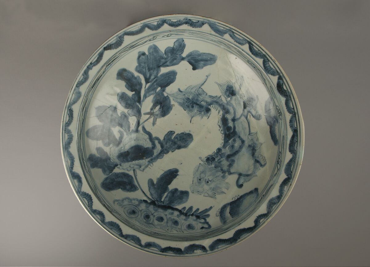 Plate with Lion Design, Porcelain stoneware with underglaze blue (Hizen ware, early Imari type), Japan 