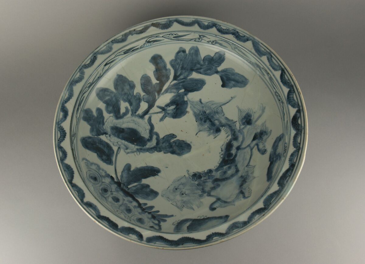 Large Dish (Ōzara) with Lion and Peony, Porcelaneous stoneware with cobalt blue under transparent glaze (Hizen ware, Arita type), Japan