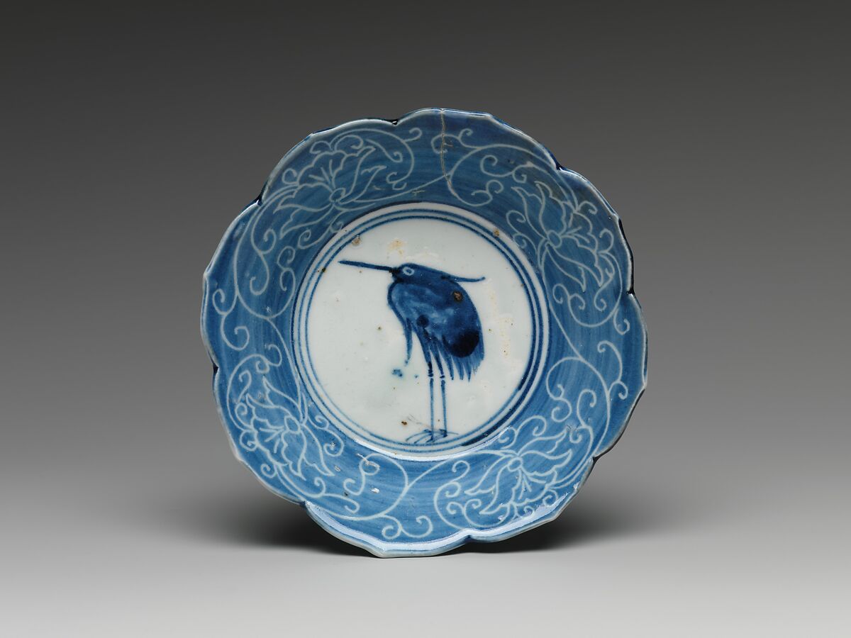 Deep Dish with Egret (from a set of ten), Porcelain with underglaze blue decoration (Hizen ware), Japan 