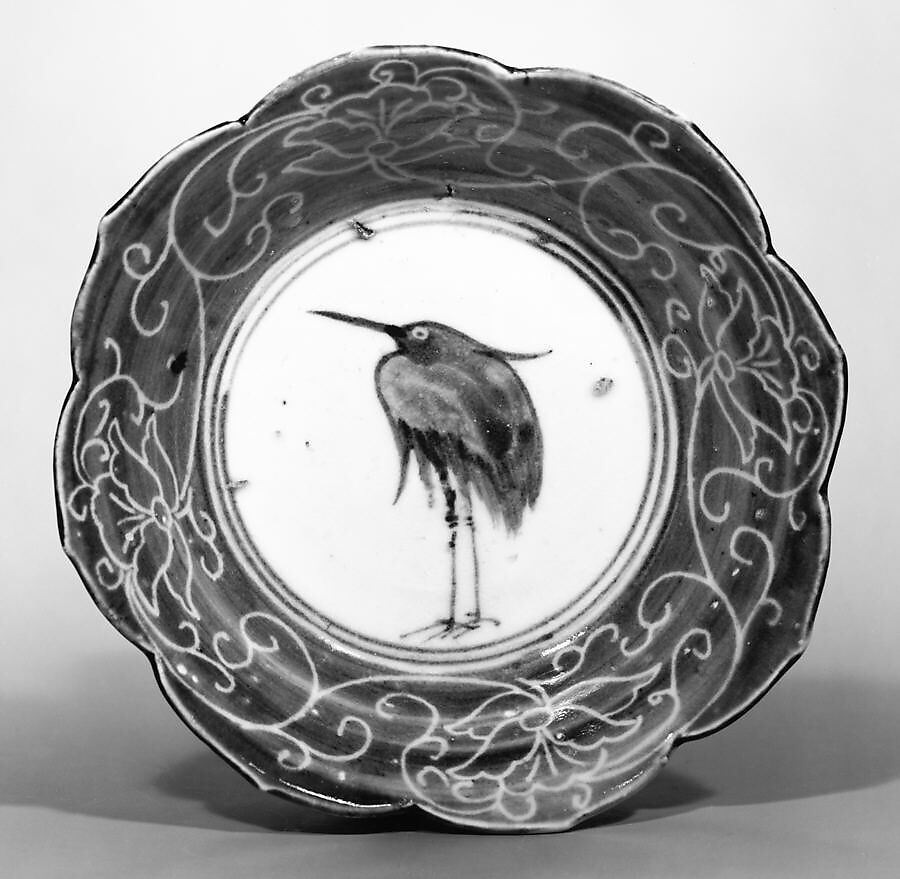 Deep Dish with Egret (from a set of ten), Porcelain with underglaze blue decoration (Hizen ware), Japan 