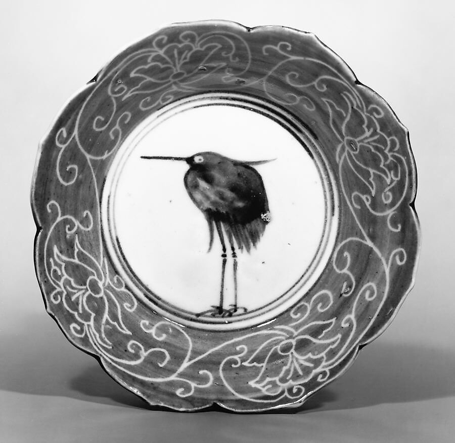 Deep Dish with Egret (from a set of ten), Porcelain with underglaze blue decoration (Hizen ware), Japan 