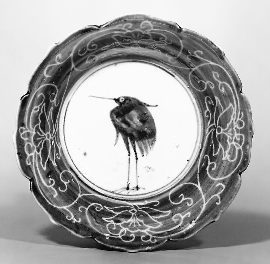 Deep Dish with Egret (from a set of ten), Porcelain with underglaze blue decoration (Hizen ware), Japan 