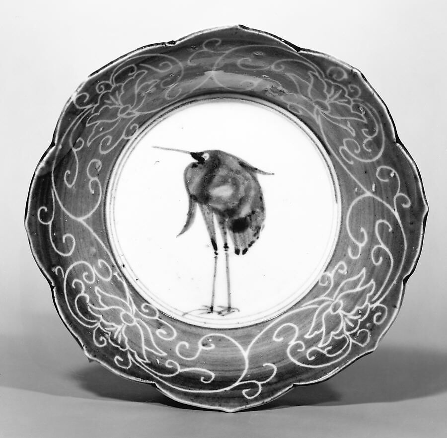 Deep Dish with Egret (from a set of ten), Porcelain with underglaze blue decoration (Hizen ware), Japan 