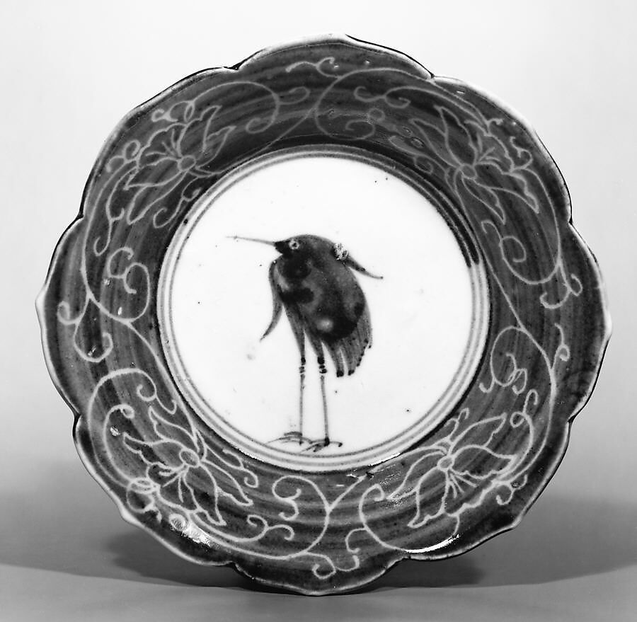 Deep Dish with Egret (from a set of ten), Porcelain with underglaze blue decoration (Hizen ware), Japan 