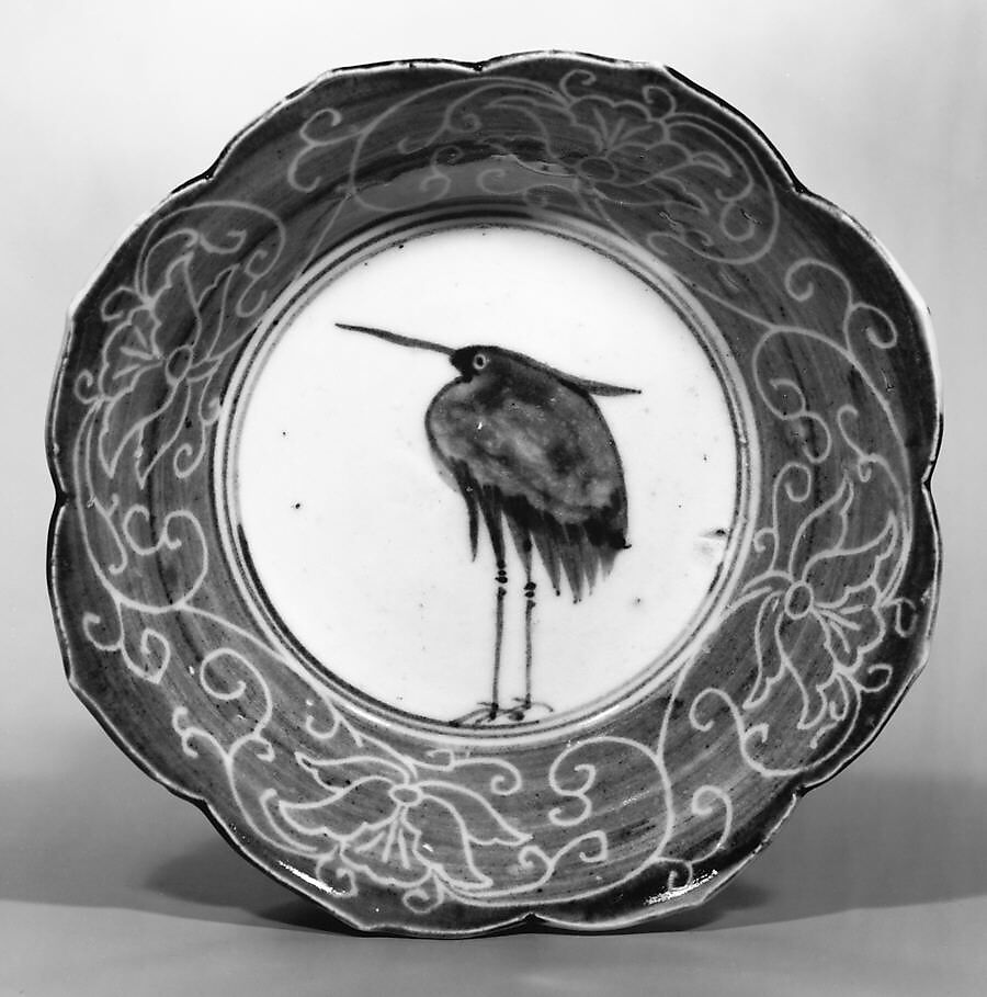 Deep Dish with Egret (from a set of ten), Porcelain with underglaze blue decoration (Hizen ware), Japan 