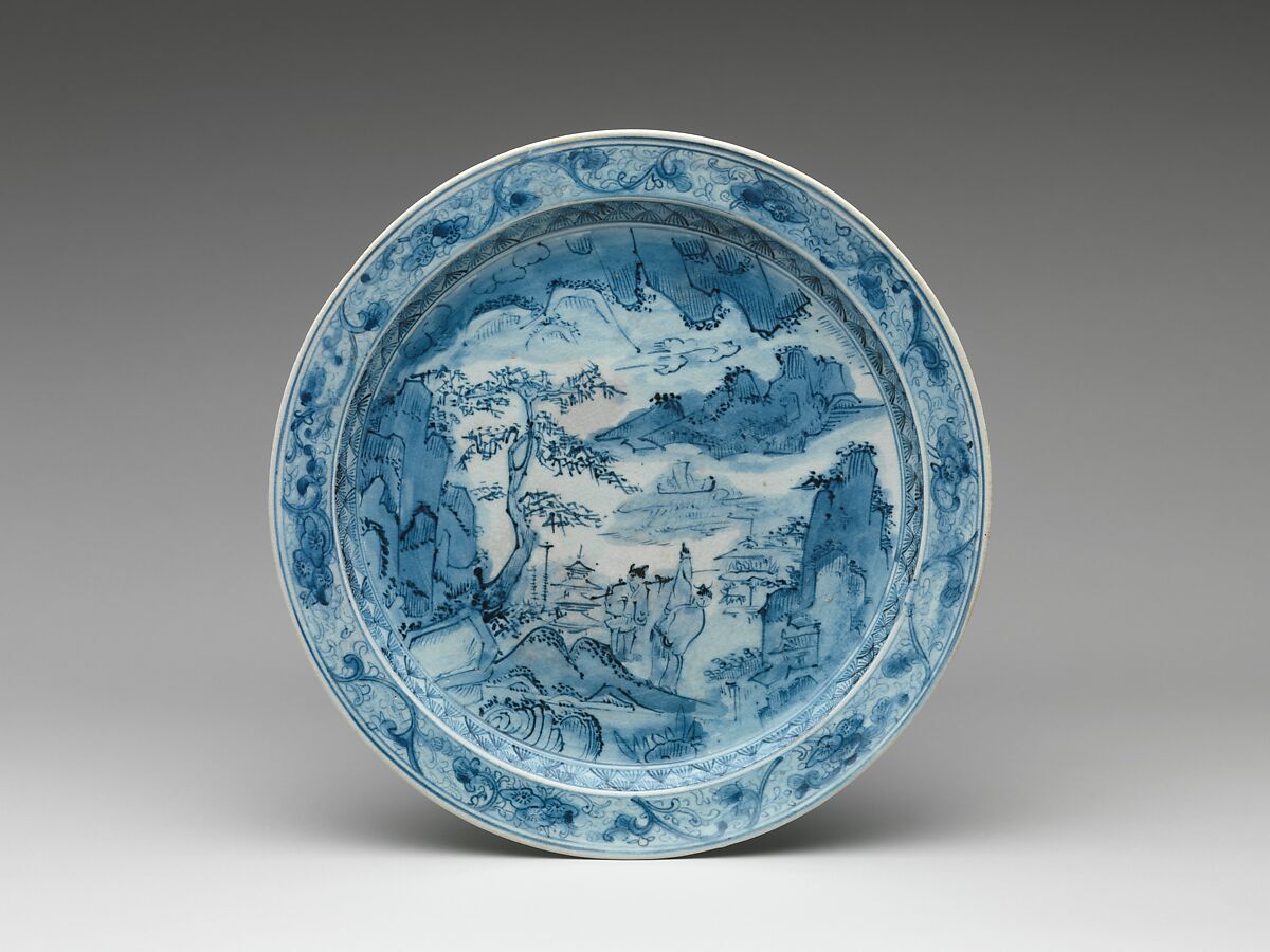 Dish with Landscape and Figures, Porcelain with underglaze blue decoration (Hizen ware, Imari type), Japan 