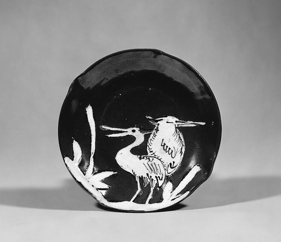 Plate with Design of Two Cranes, Porcelain with underglaze blue and iron glaze (Hizen ware), Japan 