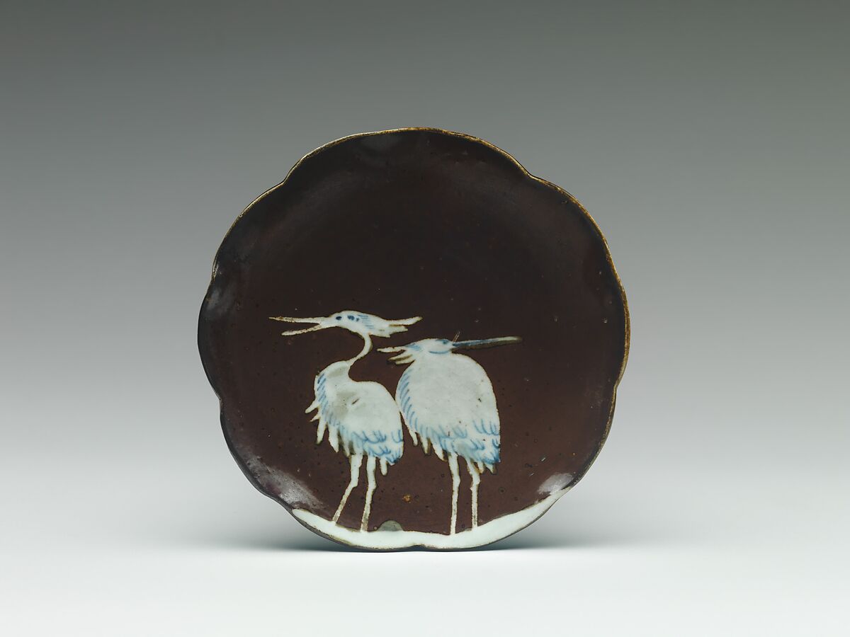 Plate with Decoration of Two Cranes, Porcelain with blue underglaze and iron glaze (Hizen ware), Japan 