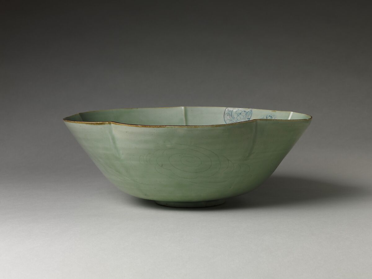 Large Bowl (Hachi) with Flower Medallions, Porcelain with celadon glaze, cobalt-blue patterns under celadon glaze, and iron-painted rim (Hizen ware, Arita type), Japan