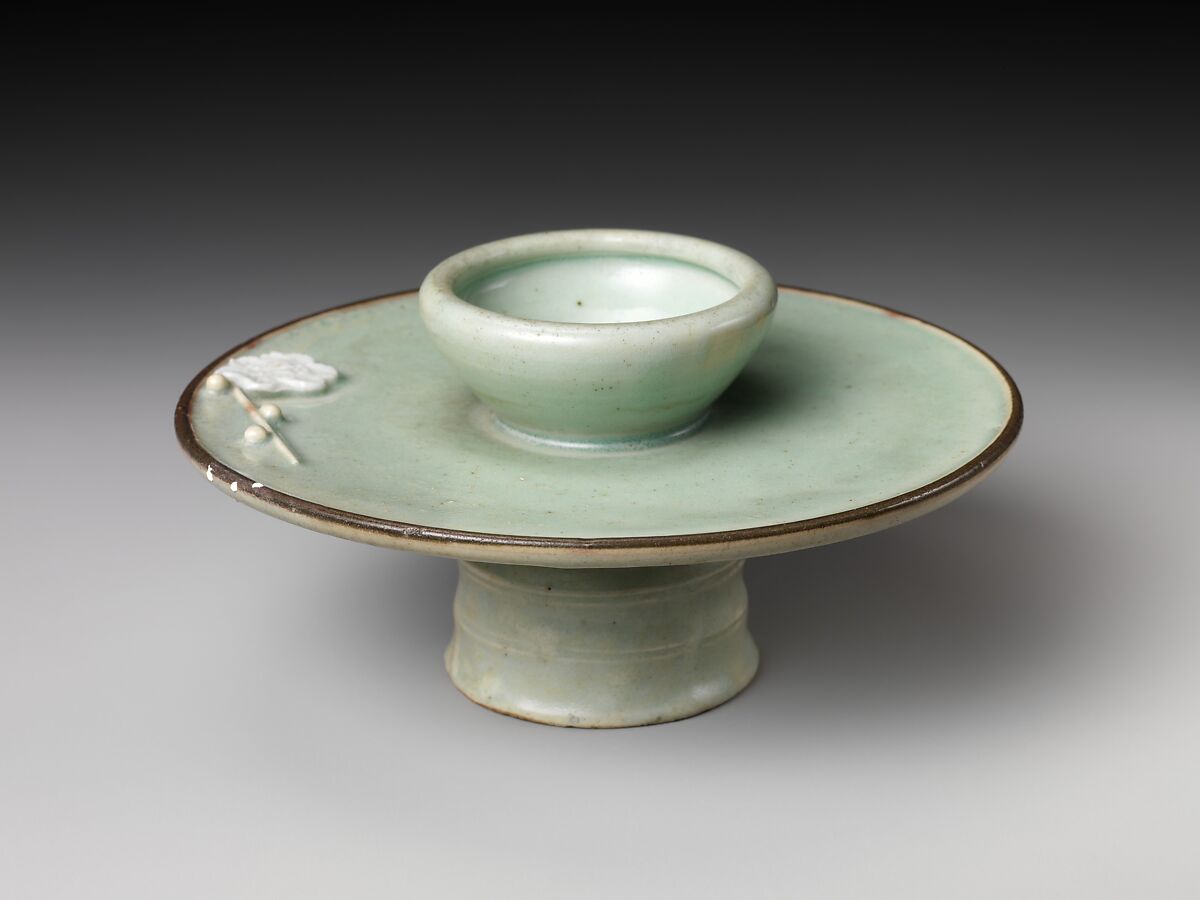 Cup Stand with Relief Plum-Blossom Pattern, Porcelain with celadon glaze (Hizen ware, Arita type), Japan