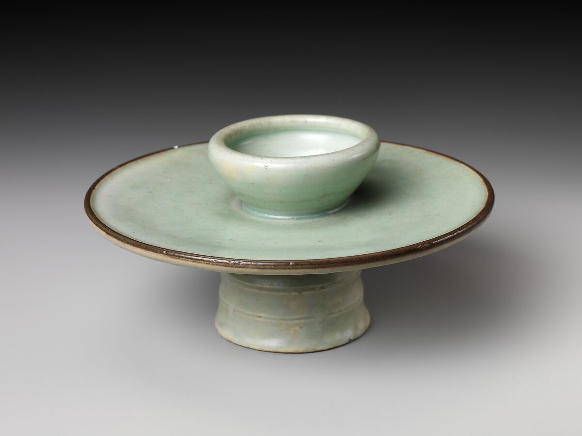 Cup Stand with Relief Plum-Blossom Pattern, Porcelain with celadon glaze (Hizen ware, Arita type), Japan