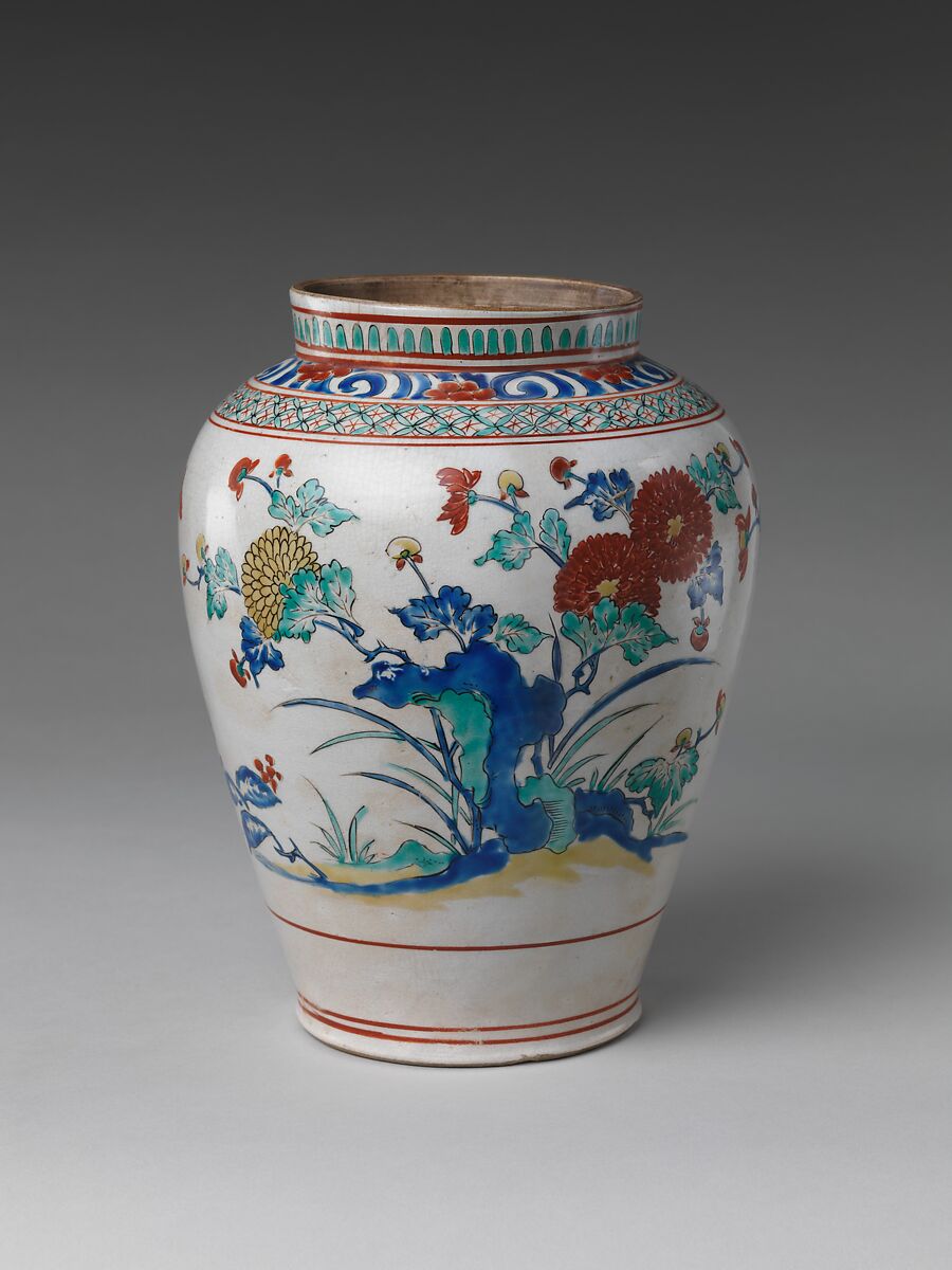 Jar with Chrysanthemums and Rocks, Porcelain painted with colored enamels over transparent glaze (Hizen ware; Kakiemon type), Japan 