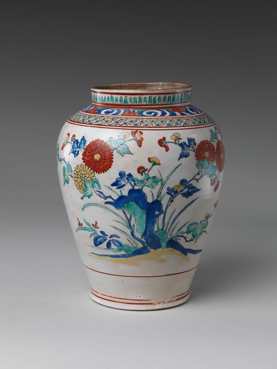 Jar with Chrysanthemums and Rocks, Porcelain painted with colored enamels over transparent glaze (Hizen ware; Kakiemon type), Japan