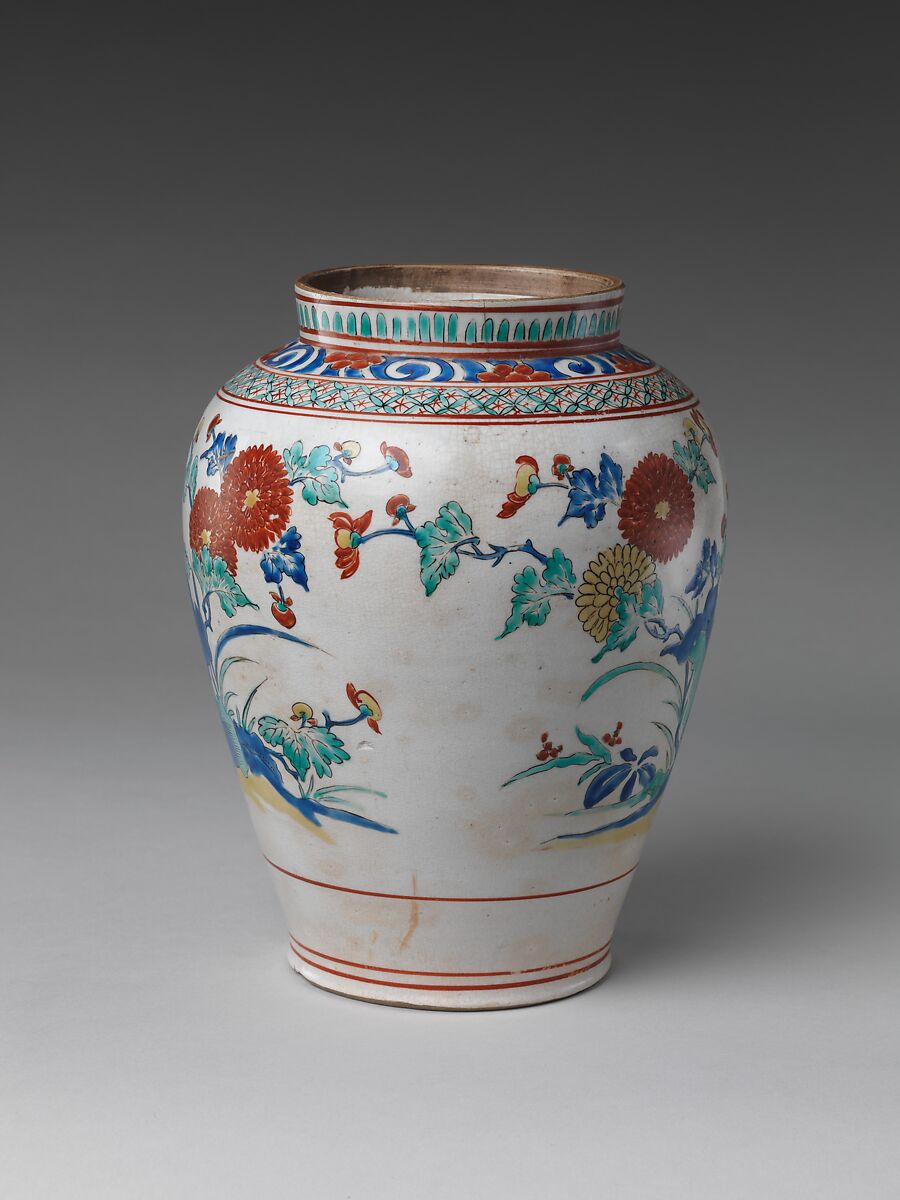Jar with Chrysanthemums and Rocks, Porcelain painted with colored enamels over transparent glaze (Hizen ware; Kakiemon type), Japan
