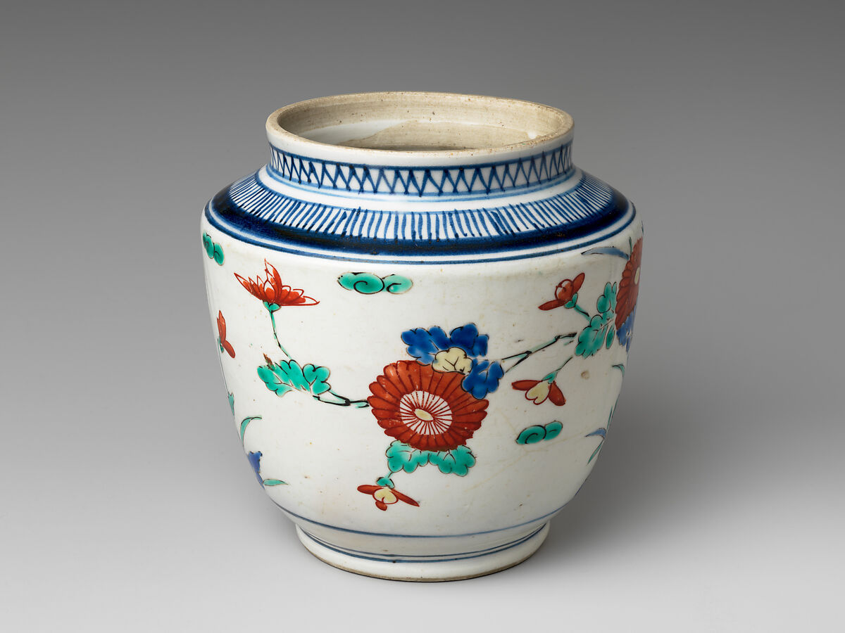 Jar, Porcelain painted in overglaze polychrome enamels (Arita ware, Kakiemon type), Japan