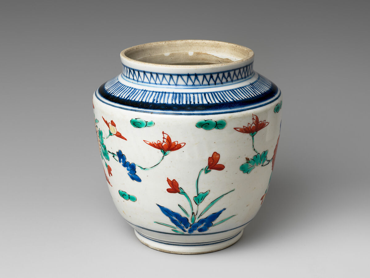Jar, Porcelain painted in overglaze polychrome enamels (Arita ware, Kakiemon type), Japan
