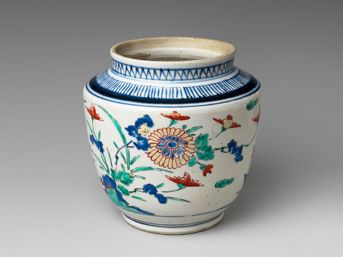 Jar, Porcelain painted in overglaze polychrome enamels (Arita ware, Kakiemon type), Japan