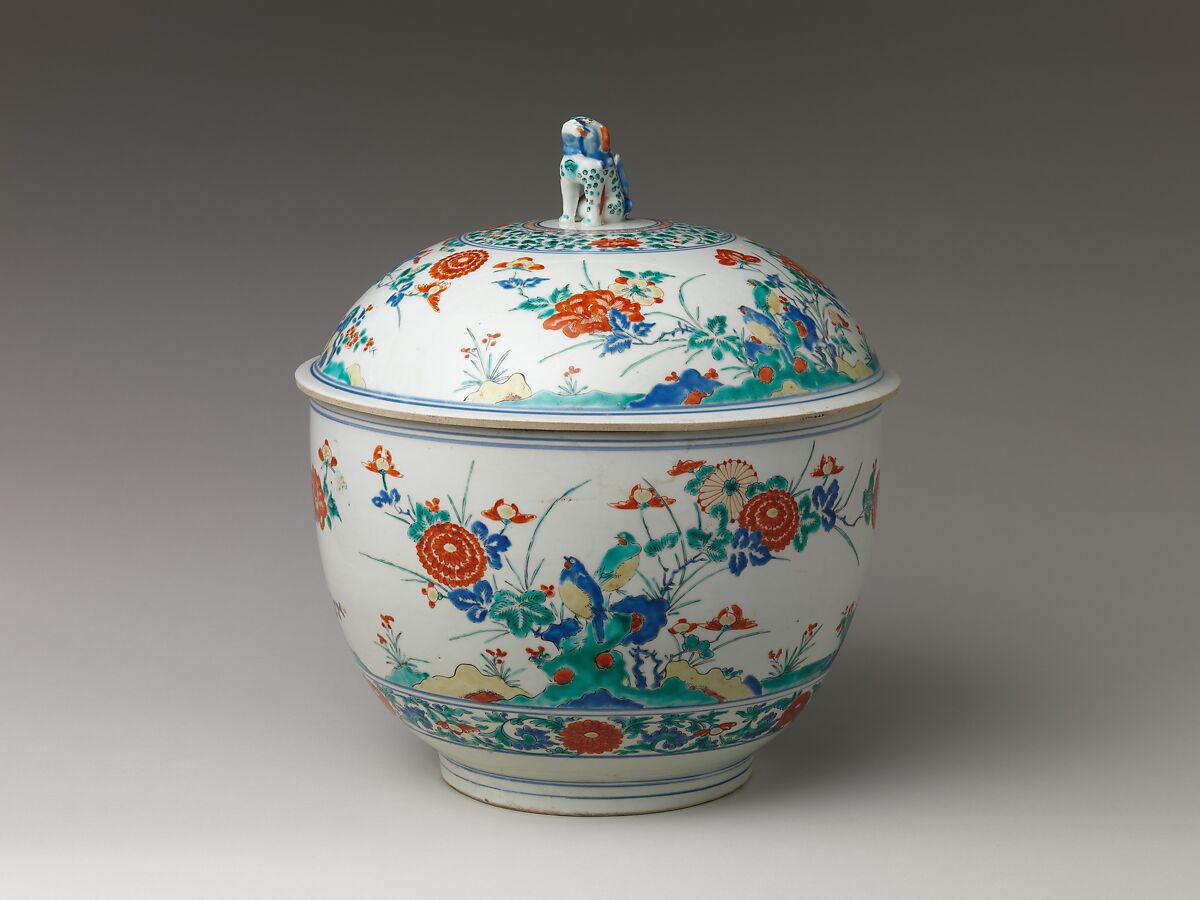 Tureen with rocks, flowers, and birds, Porcelain painted with cobalt blue under and colored enamels over transparent glaze (Arita ware; Kakiemon type), Japan 