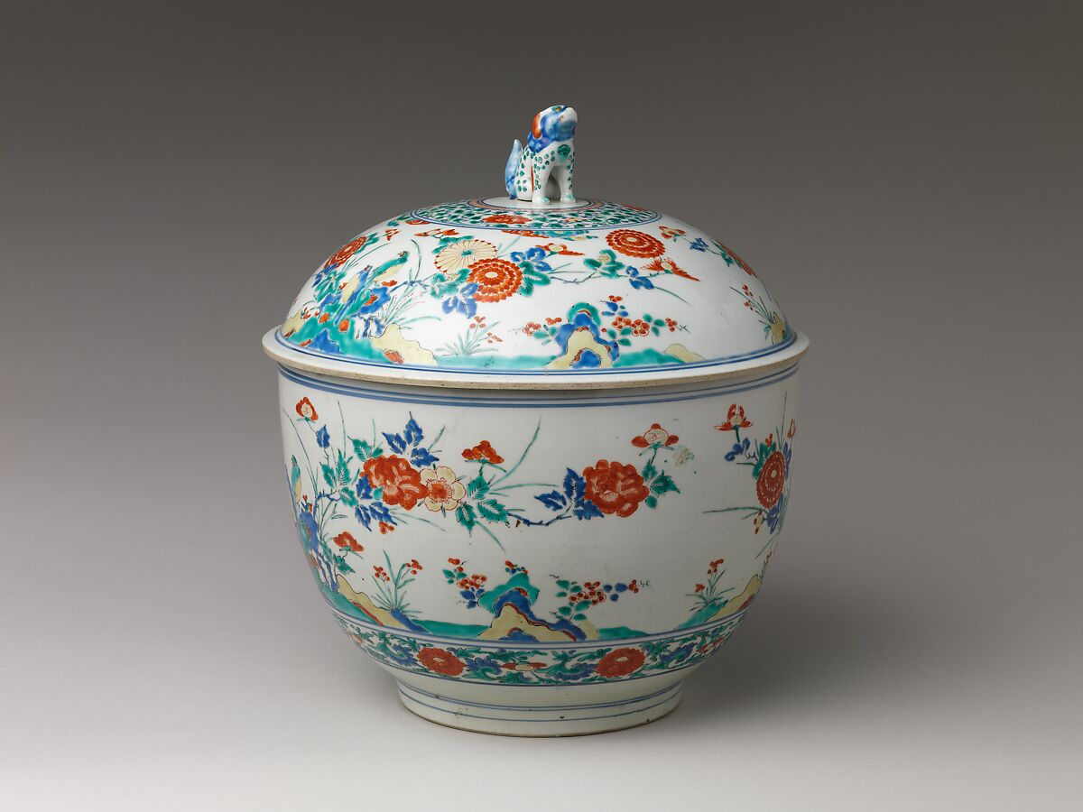 Tureen with rocks, flowers, and birds, Porcelain painted with cobalt blue under and colored enamels over transparent glaze (Arita ware; Kakiemon type), Japan