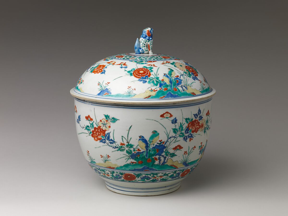 Tureen with rocks, flowers, and birds, Porcelain painted with cobalt blue under and colored enamels over transparent glaze (Arita ware; Kakiemon type), Japan
