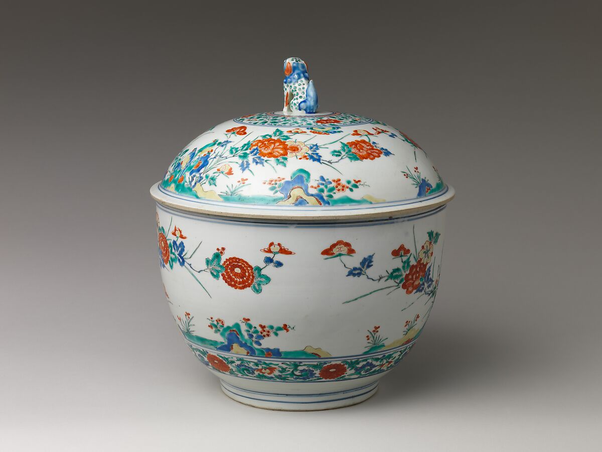 Tureen with rocks, flowers, and birds, Porcelain painted with cobalt blue under and colored enamels over transparent glaze (Arita ware; Kakiemon type), Japan