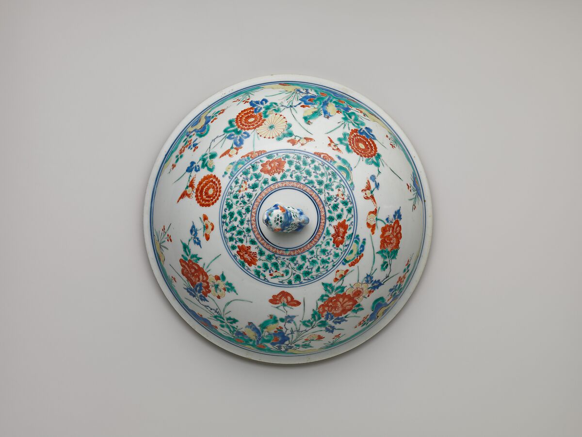 Tureen with rocks, flowers, and birds, Porcelain painted with cobalt blue under and colored enamels over transparent glaze (Arita ware; Kakiemon type), Japan